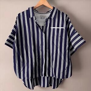 Le Phil Thomas Mason Button Front Blue White Striped Short Sleeve Blouse Japan